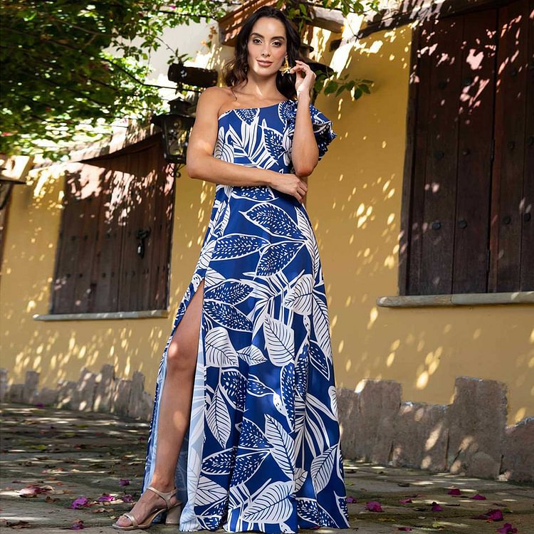 One Shoulder Bubble Sleeve Printed One Piece Swimsuit Women