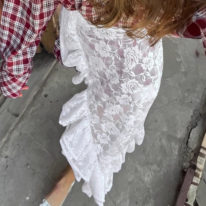 White Brocade Lace Ruffled Jacquard Office Skirt Spring Summer Fart Curtain Long Skirt Women