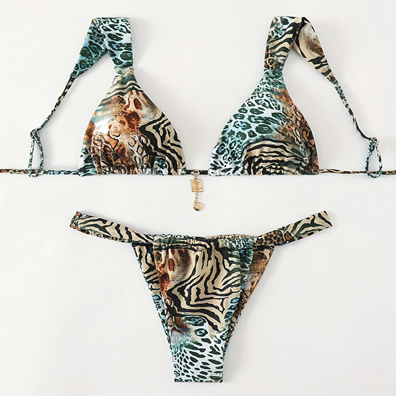 Printed Lace up Swimsuit Women Three Point Sexy Beach Bikini Spring Swimsuit