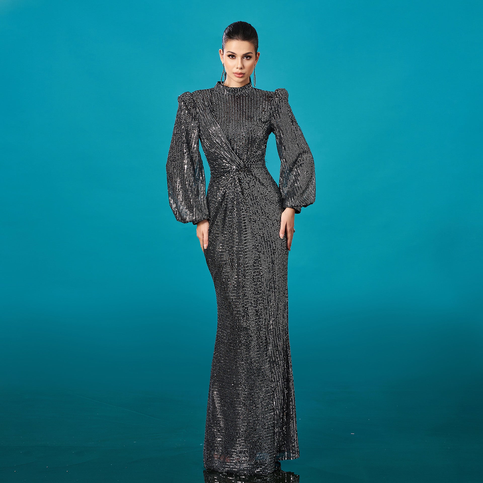 Advanced Long Sleeved round Neck Cocktail Fishtail Sequ Evening Dress