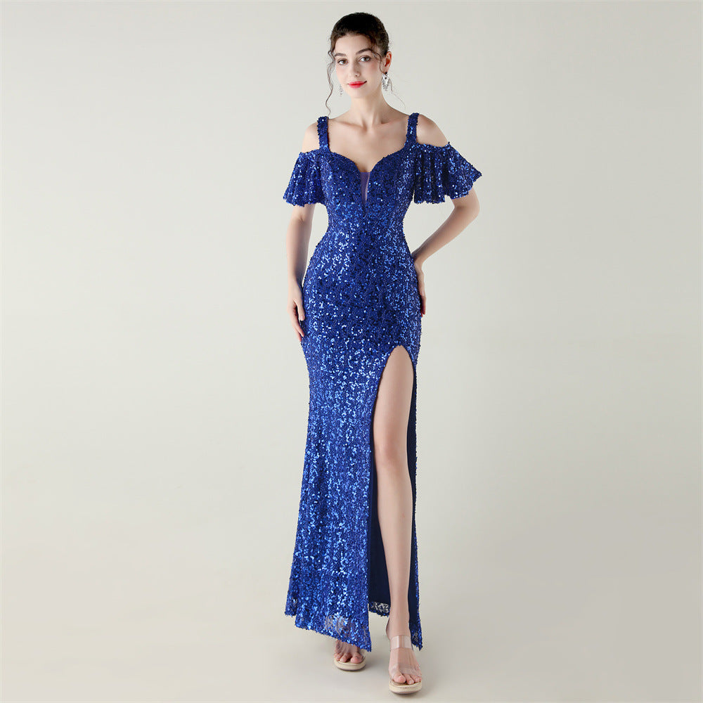 Bead Tube Sequin Heavy Industry Evening Dress Short Sleeve off the Shoulder Deep V Plunge High Slit Fishtail Dress Cocktail Socialite