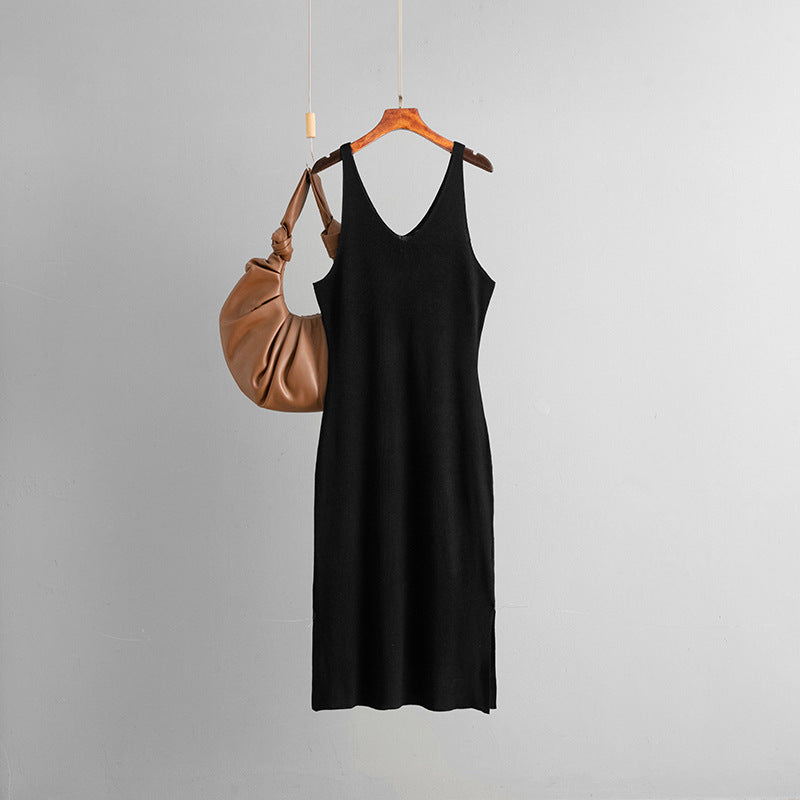 Women Clothing Summer Thin with Shoulder Straps Dress V neck Sleeveless Vest Dress Slit Hemline at Hem Underwear Knitted Dress