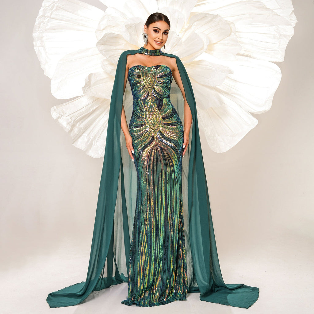 Long Sleeve round Neck Long Sequined Cocktail Cape Fishtail Evening Dress Bridesmaid Dress Dress Women