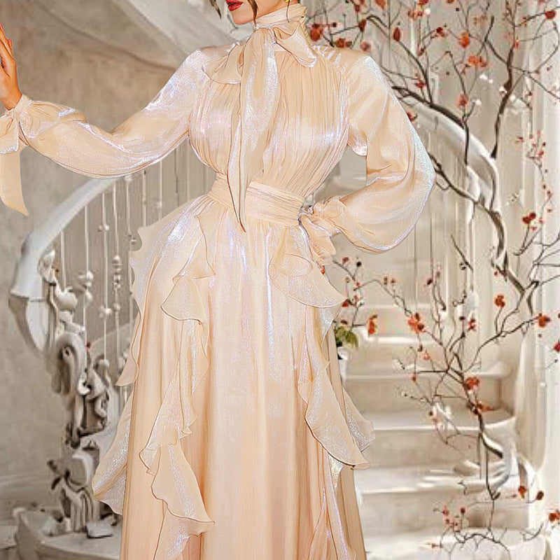 French Elegant Socialite Fairy Dress Summer Stand up Collar Puff Sleeve Pleated Waist Tight Dress Women