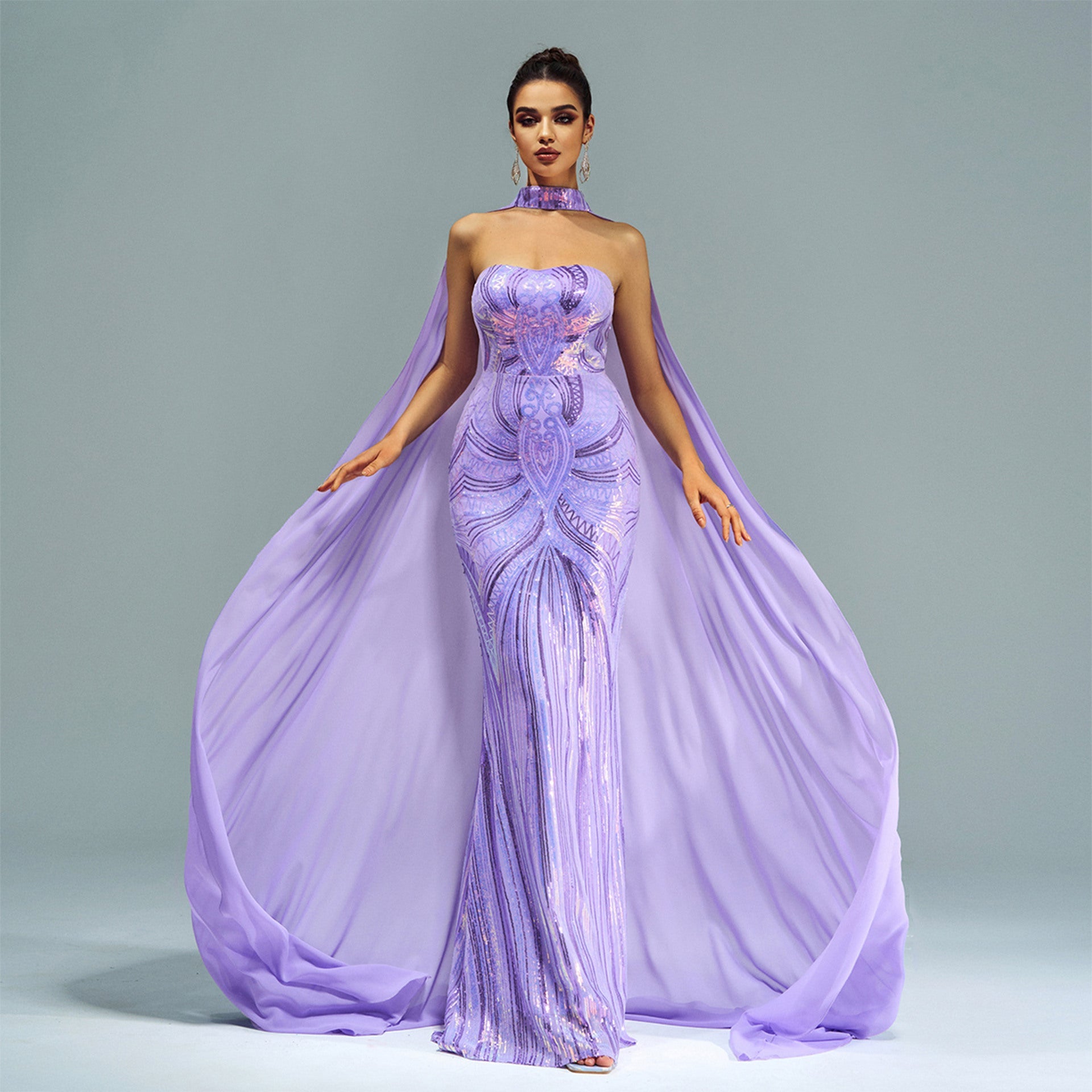 Long Sleeve round Neck Long Sequined Cocktail Cape Fishtail Evening Dress Bridesmaid Dress Dress Women