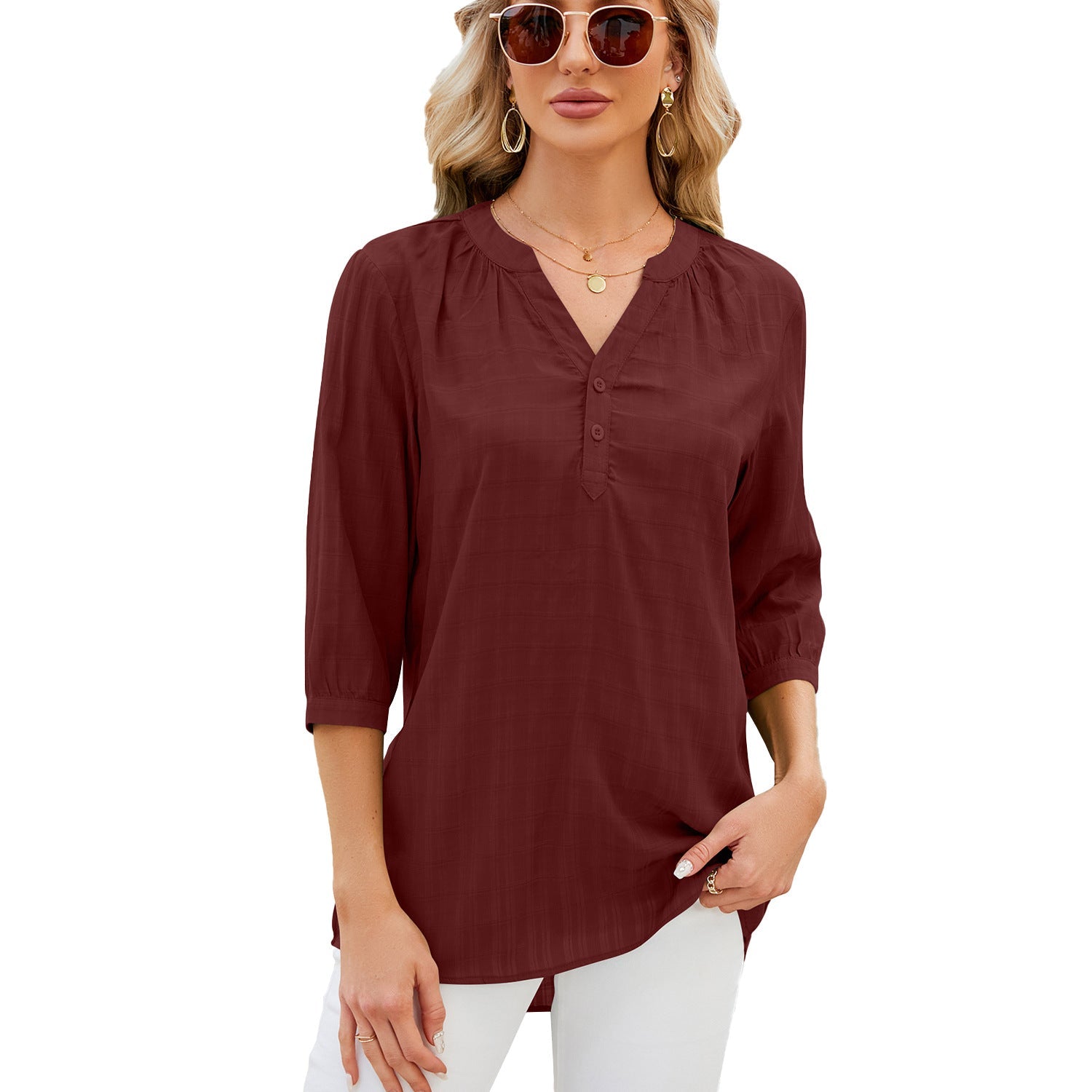 Spring Summer Solid Color V neck Loose Half Sleeve Shirt Women