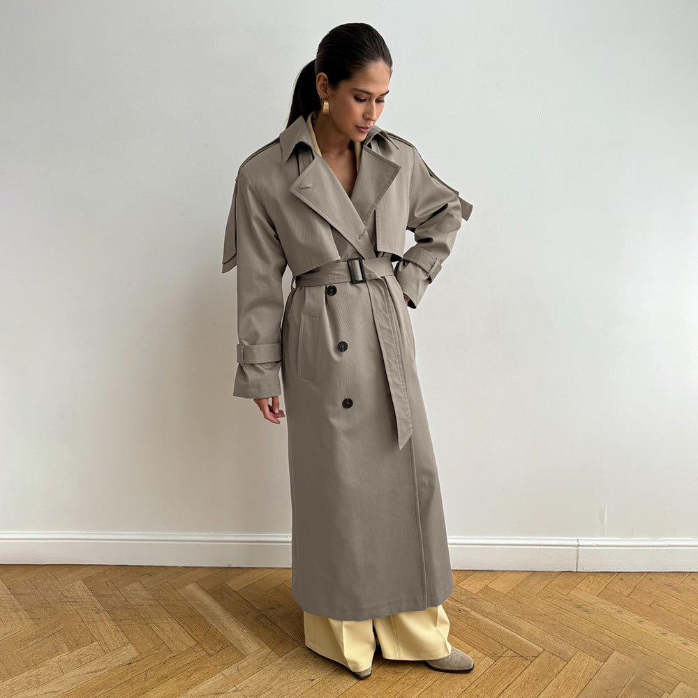 Extended Trench Coat Autumn Winter Pure Cotton Retro Baggy Coat Lace up Waist Trimming Trench Coat Women