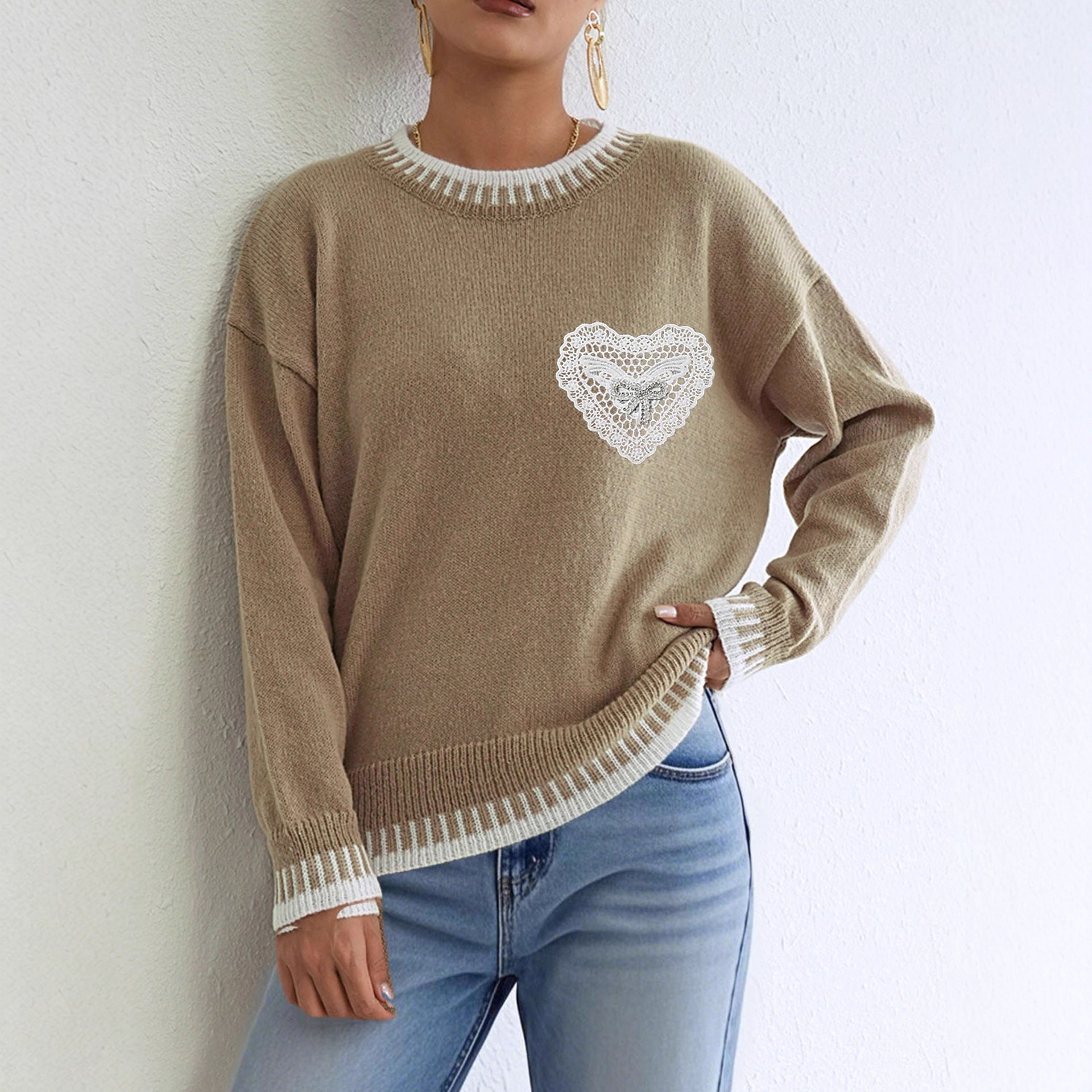 Autumn Winter Women Clothing Color Contrast Patchwork Loose Sweater Three Dimensional Bright Brick Butterfly Lace Love Pocket