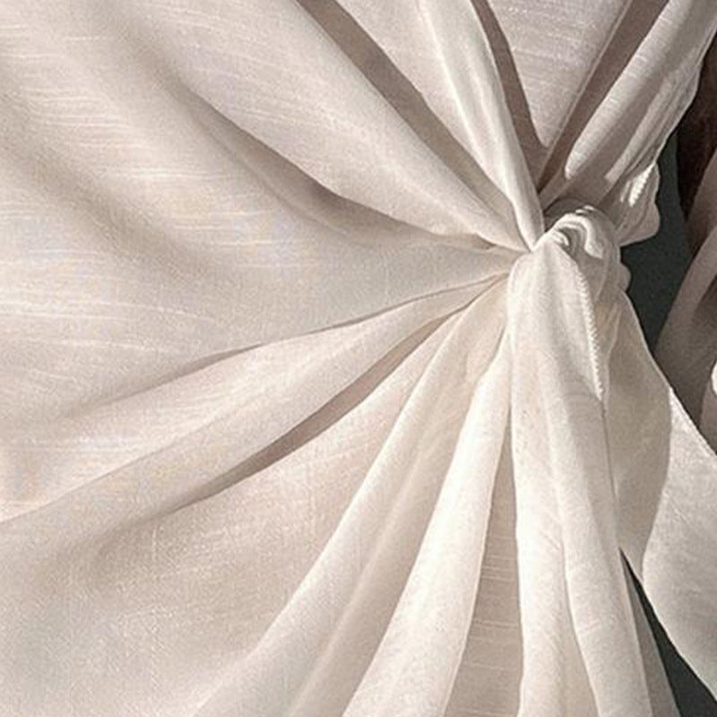 Vacation Sun Protection Shirt Long Sleeve Loose Solid Color V Neck Shirt Mid Length Ice Silk Blouse