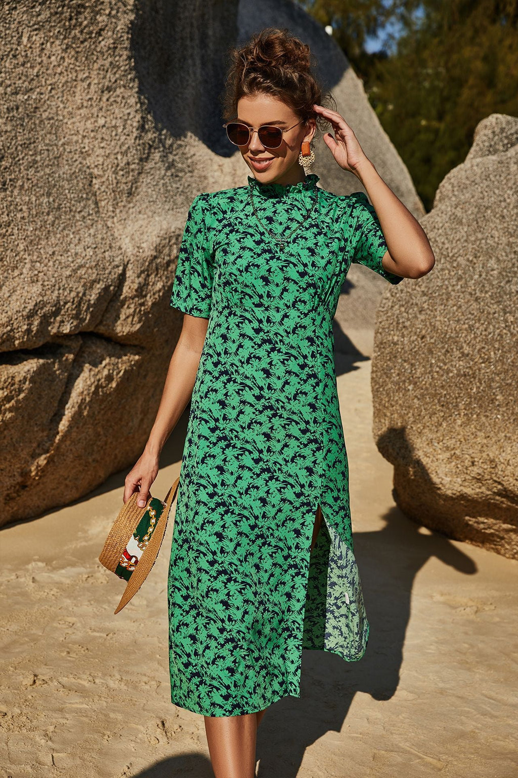 Summer Women Clothing Slimming Sheath Slit Slim-Fitting Floral Short Sleeve Vacation Large Swing Dress