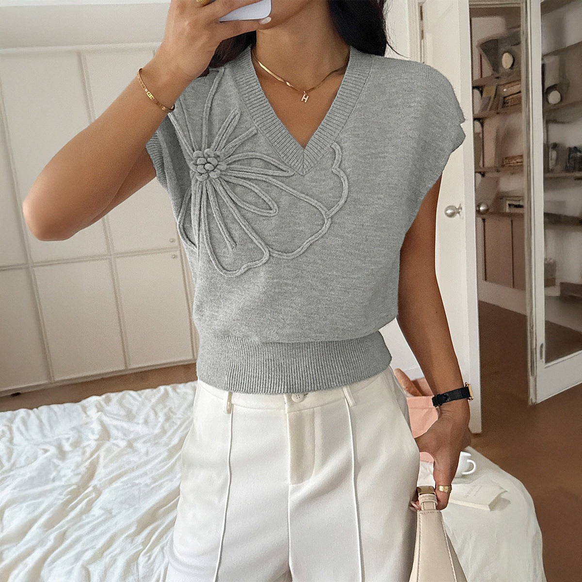 Women Clothing Autumn Winter Casual Vacation Deep V Plunge Neck Solid Color Sweater with Short Sleeves