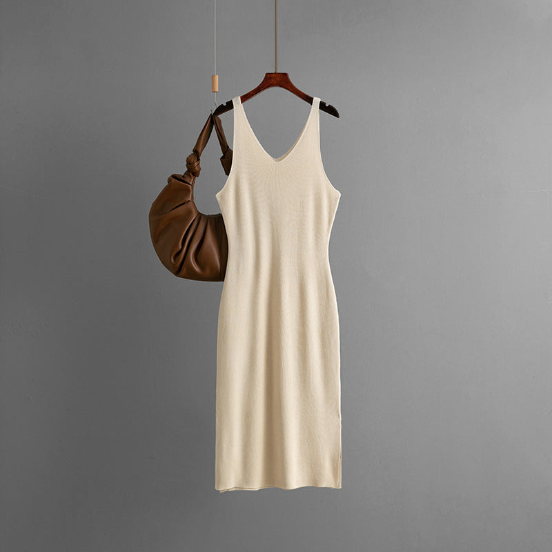 Women Clothing Summer Thin with Shoulder Straps Dress V neck Sleeveless Vest Dress Slit Hemline at Hem Underwear Knitted Dress