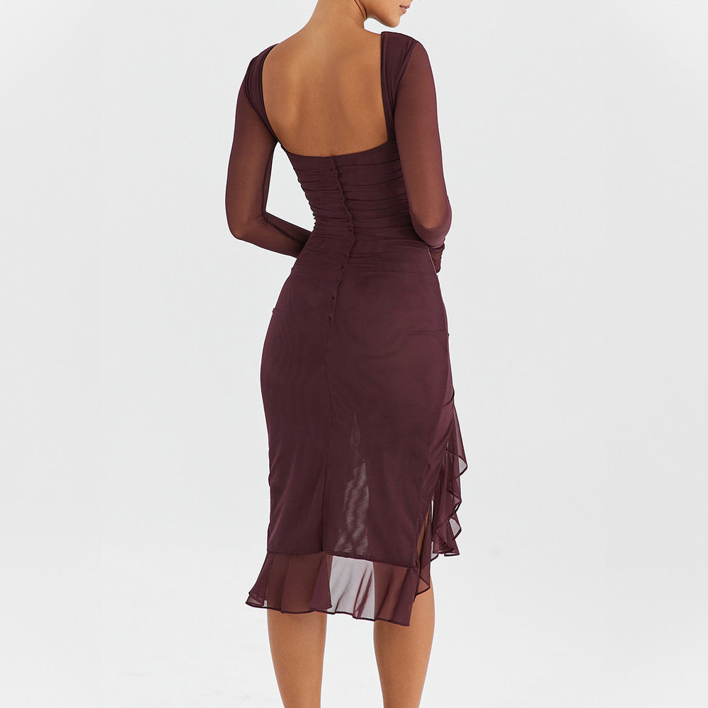 Women Clothing Summer Mesh Long Sleeve Backless Slit Ruffled Dress