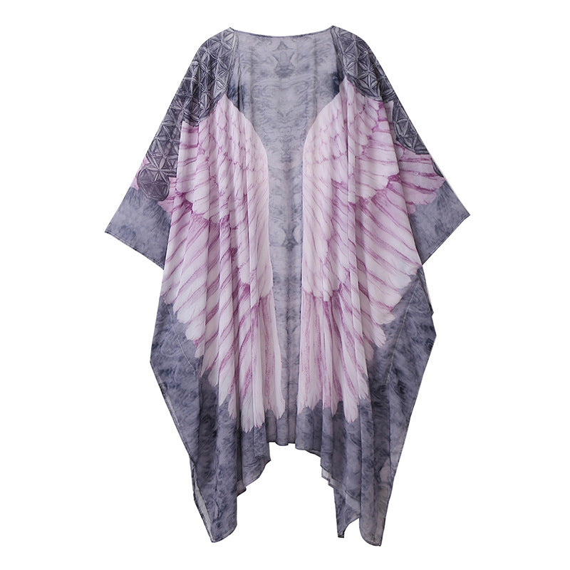 Beach Cover Up Wings Printing Wing Loose Long Long Sleeve Knitted Cardigan Sunscreen Beach Cover Up