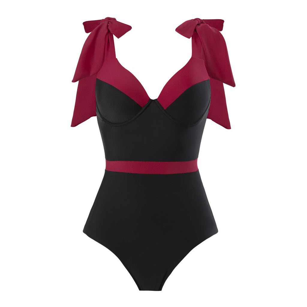 Solid Color One Piece Women Swimwear Suit European, French Spring Cover Belly Slimming Swimsuit