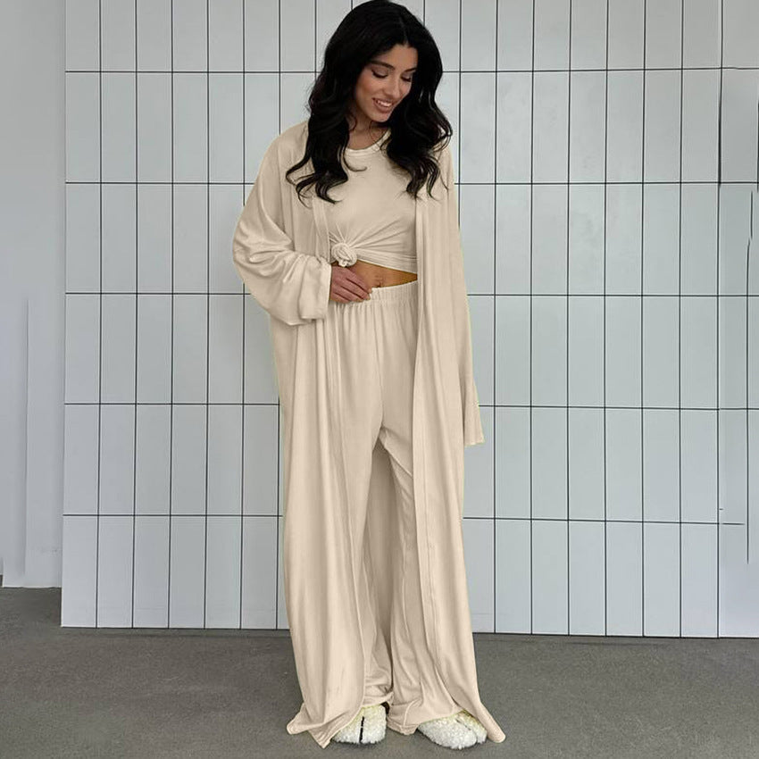 Summer Pajamas Three Piece Knitted Solid Color Top Trousers Loose Comfortable Home Wear