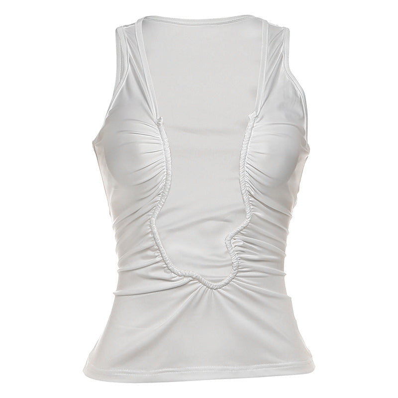 Women Clothing Fall Sexy Solid Color Slim Slimming Pleated Hollow Out Cutout Vest for Women
