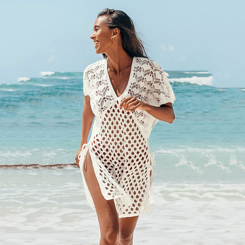 Blouse Women Knitted Hollow Out Cutout out V neck Pullover Short Sleeve Smock Dress Women Breathable