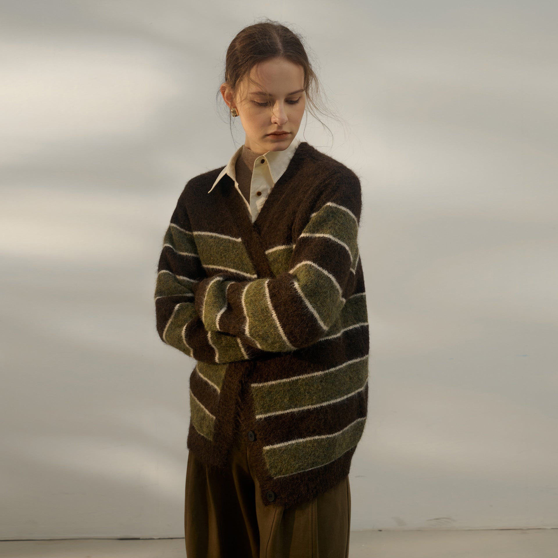 Autumn Winter Lazy Sweater Women Retro Gentle Casual Three Dimensional Striped Contrast Color V neck Long Sleeve Knitted Cardigan