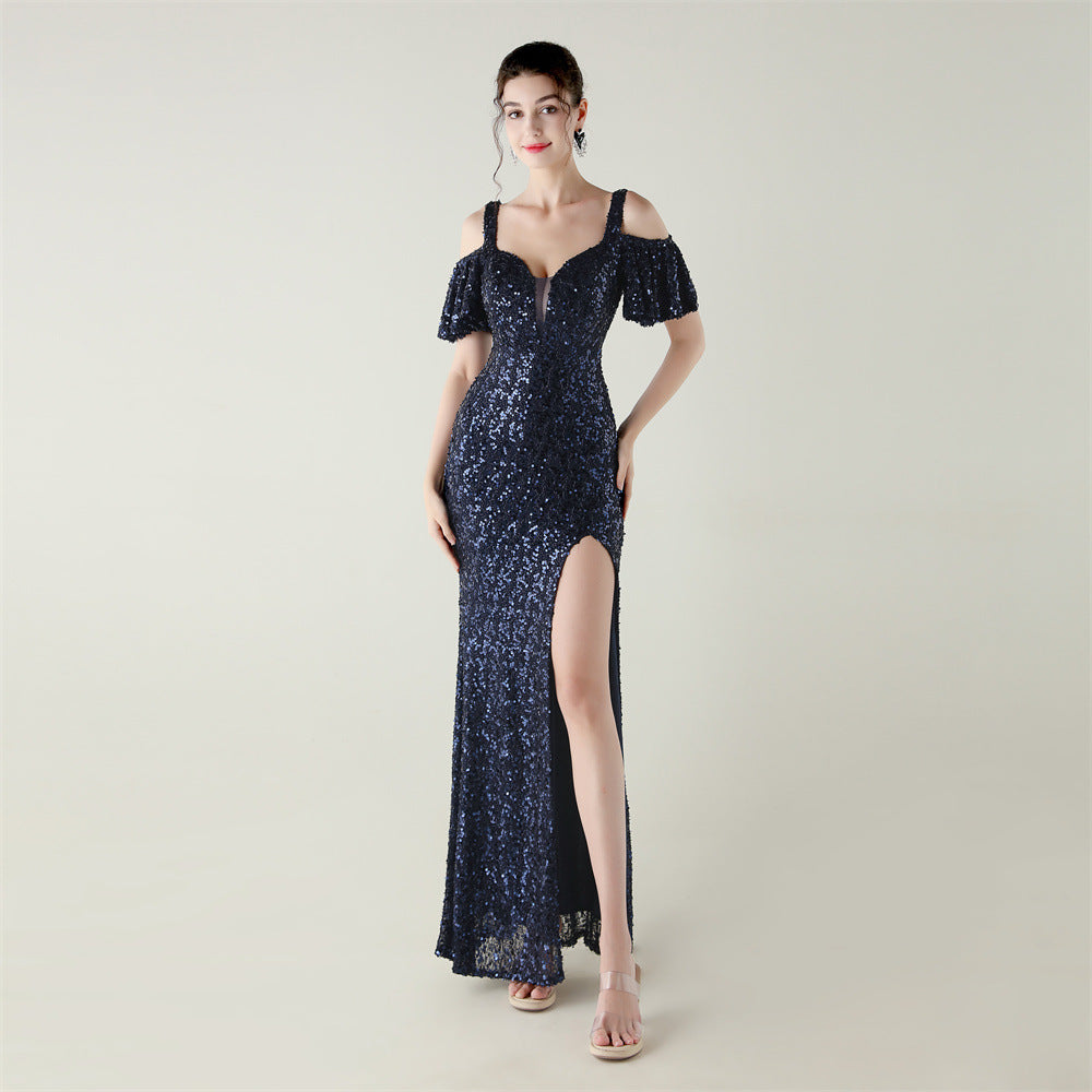 Bead Tube Sequin Heavy Industry Evening Dress Short Sleeve off the Shoulder Deep V Plunge High Slit Fishtail Dress Cocktail Socialite