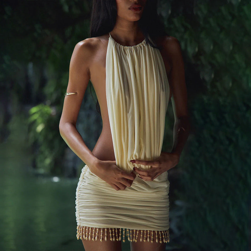 Women Clothing Summer Sexy Backless Elegant Sexy Solid Color Slim Fit Short Hip Hugger Dress Women