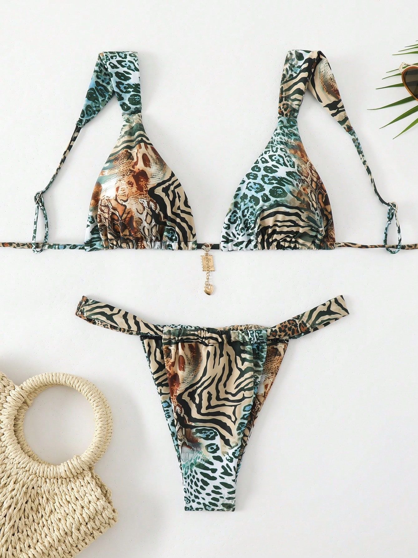 Printed Lace up Swimsuit Women Three Point Sexy Beach Bikini Spring Swimsuit