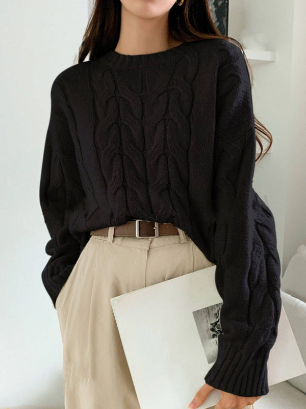 Autumn Winter Women Cable Knit Pullover Sweater Loose round Neck Solid Color All Matching Trendy Knitwear Top