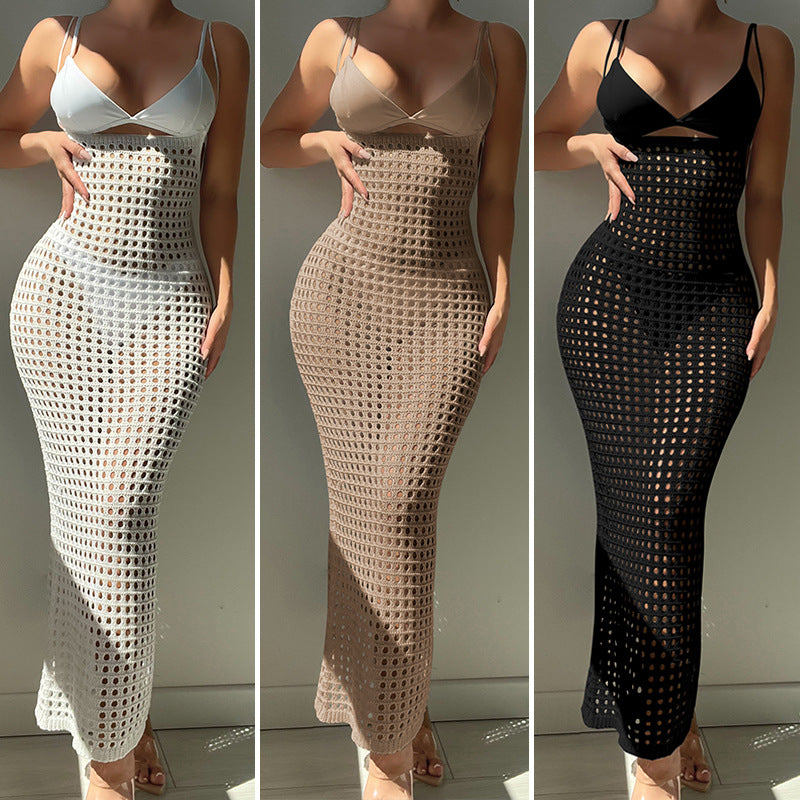 Women Knitted Camisole Hollow Out Cutout Texture Sexy Slim High Waist Maxi Dress Beach Cover up Dress Crochet hook