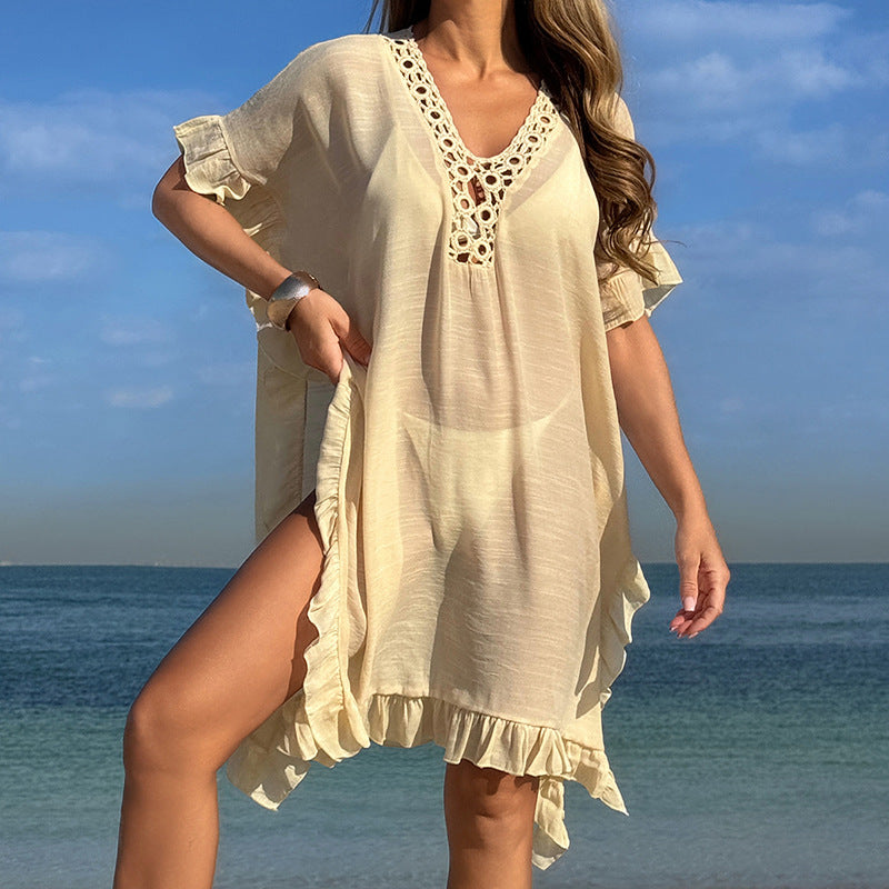 Hollow Out Cutout Hand Crochet Collar Change Flounce Loose Comfortable Sun Protection Seaside Vacation Casual Smock Dress