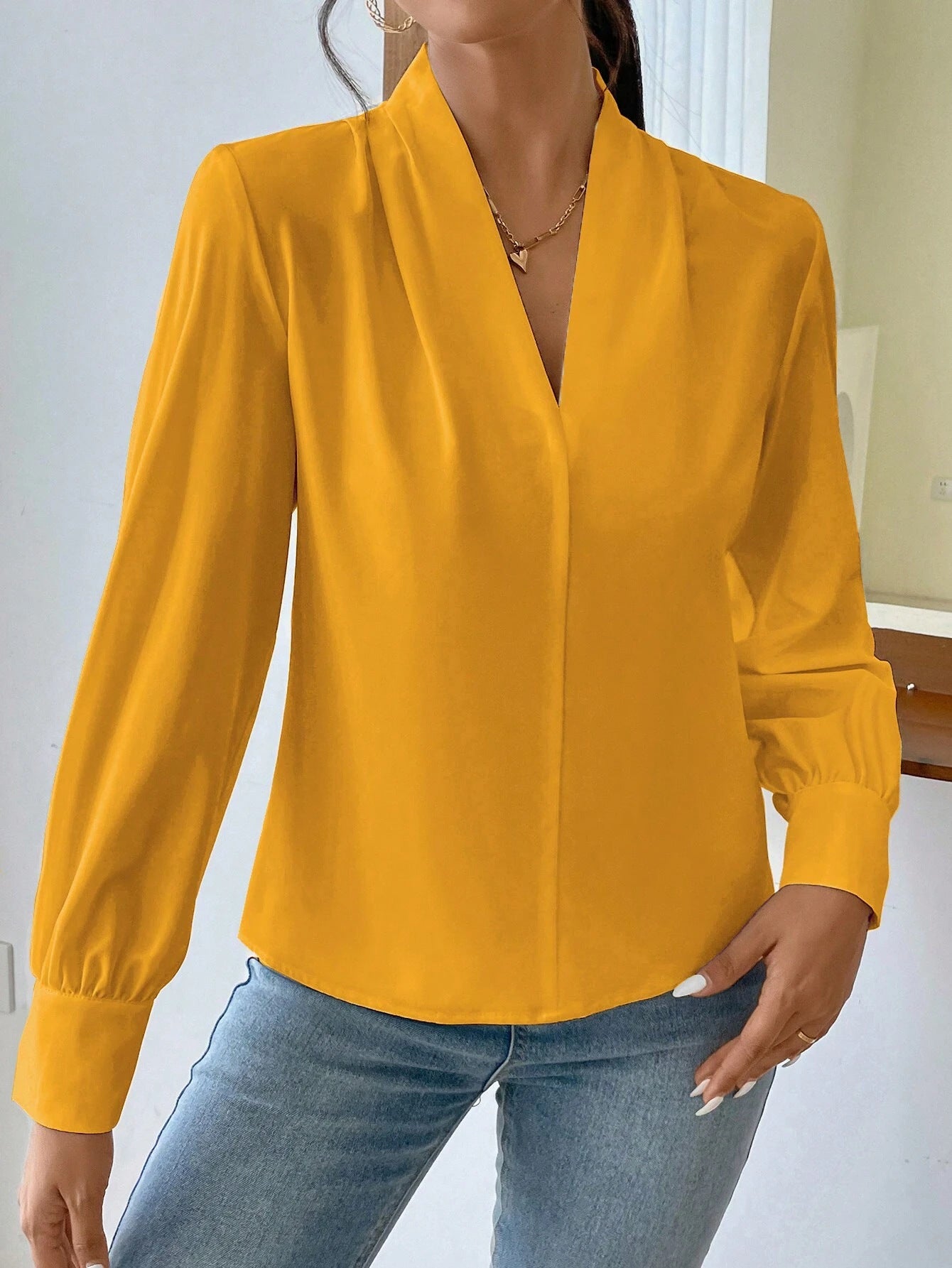 Spring Autumn Winter Long Sleeve Shirt Design V neck Solid Color Loose Top Autumn Shirt