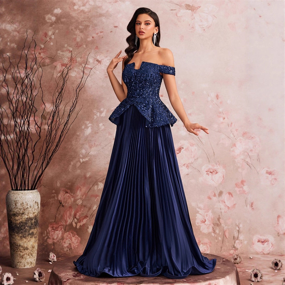 Elegant Sequin Stitching Fit Bandeau One Shoulder Cocktail Party Dinner Dress Bridesmaid Dress Women