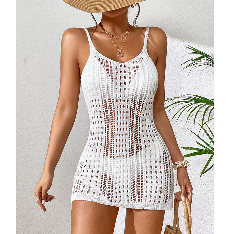 Women Clothing Short Knitted Texture Hollow Out Cutout Out See Through Camisole Sexy Short Dress Knitted Beach Dress Crochet hook