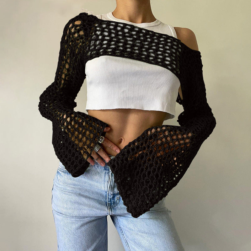 Sexy Hollow Out Cutout Sweater Solid Color round Neck Long Sleeve Knitted Blouse Crochet hook
