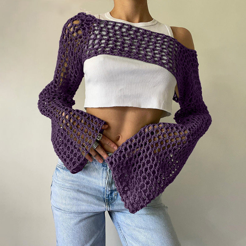 Sexy Hollow Out Cutout Sweater Solid Color round Neck Long Sleeve Knitted Blouse Crochet hook