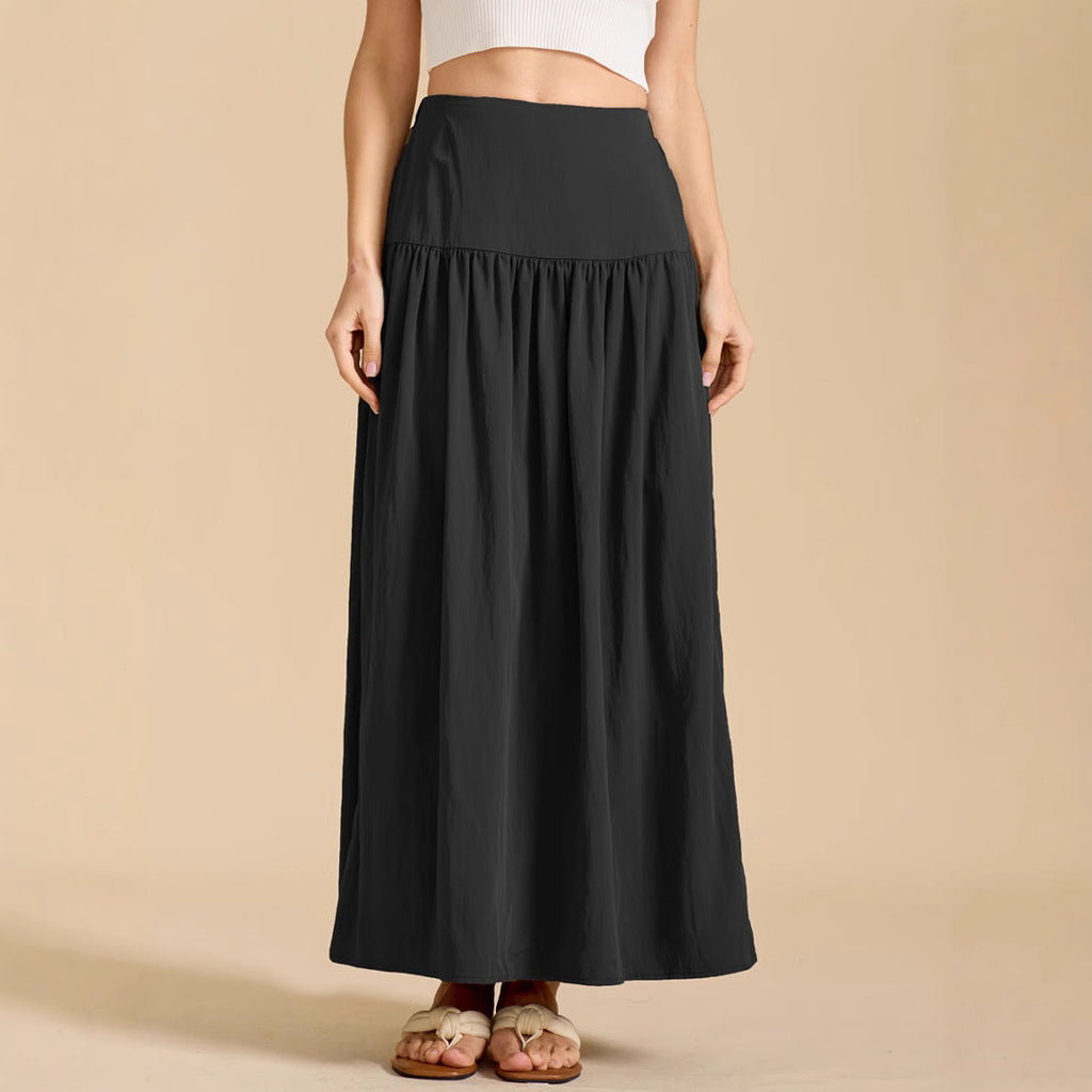 Women Cotton Pocket Skirt High Waist Back Elastic Dress Loose Pleated Large Swing Skirt