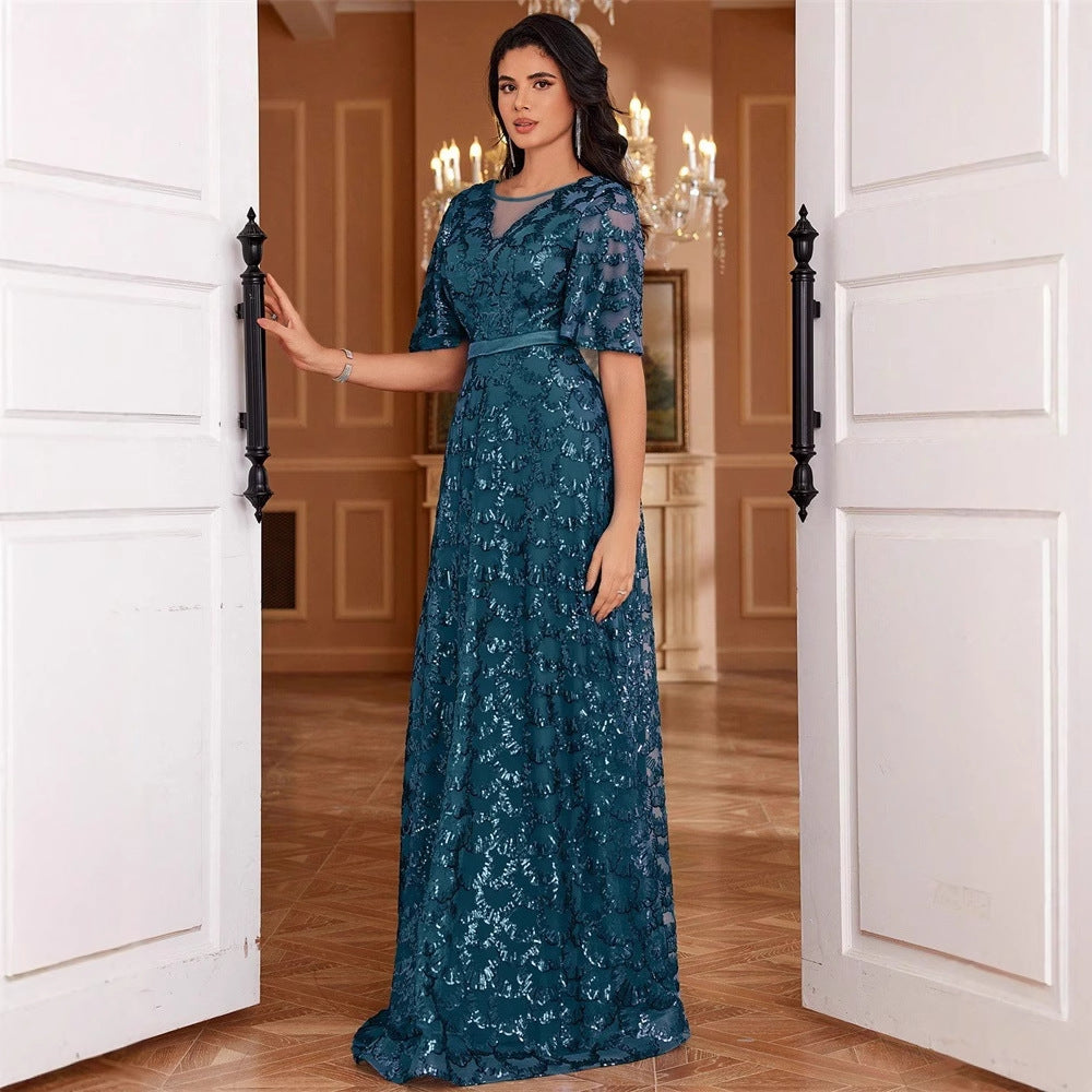 Sequined A line Elegant Square Collar Short Sleeve Party Dress Boning Corset Waist-Tight Dinner Ball Gown