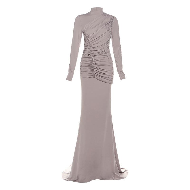 Autumn Winter Women Clothing High Waist Ruched Elegant Graceful Long Sleeved Dress Mop Dress