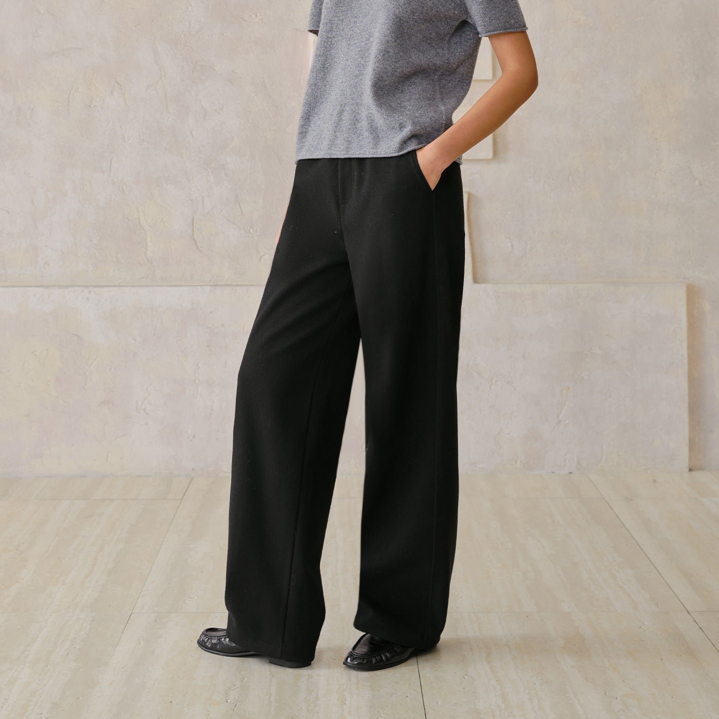 Thick Straight-Leg Pants Loose Wool Wide Leg Pants Women Autumn Winter Elastic Waistband Slimming Draped Pants Warm Casual Pants