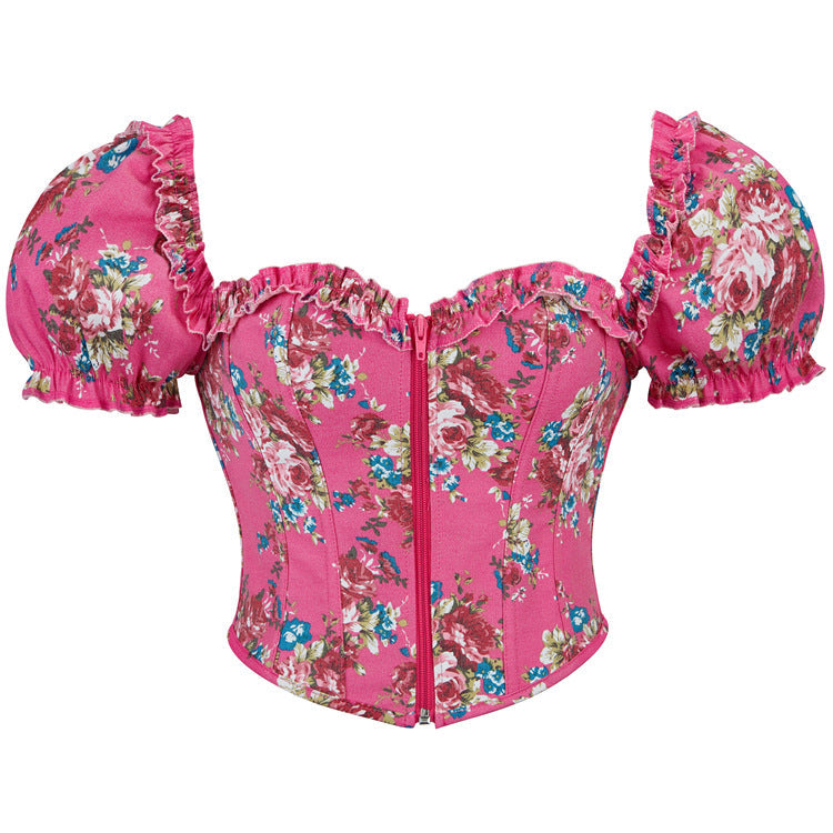 Sexy Backless Puff Sleeve French Print Boning Corset Strap Retro Vest Women Top