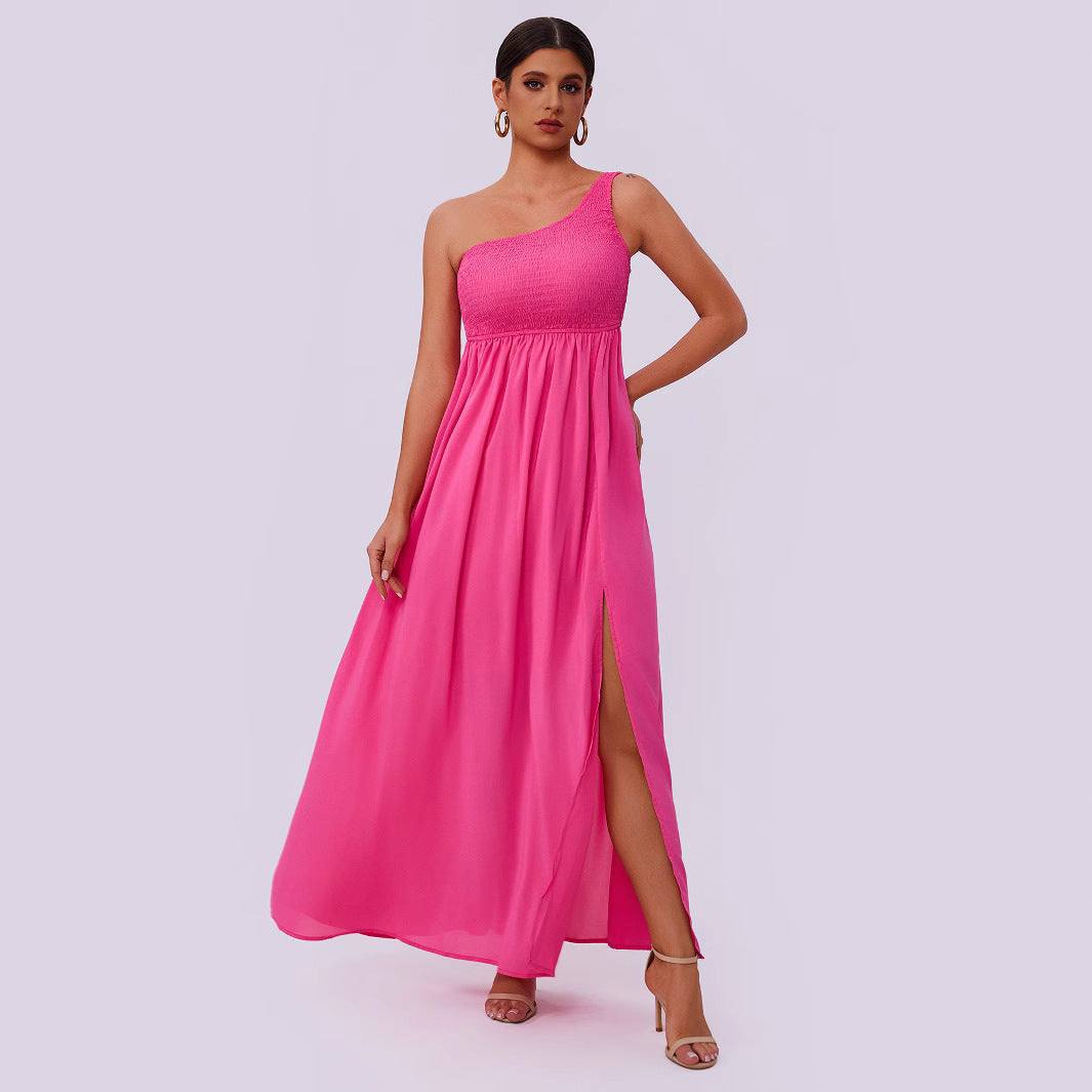 Women Clothing Summer Ladies Diagonal Collar Pleating Dress