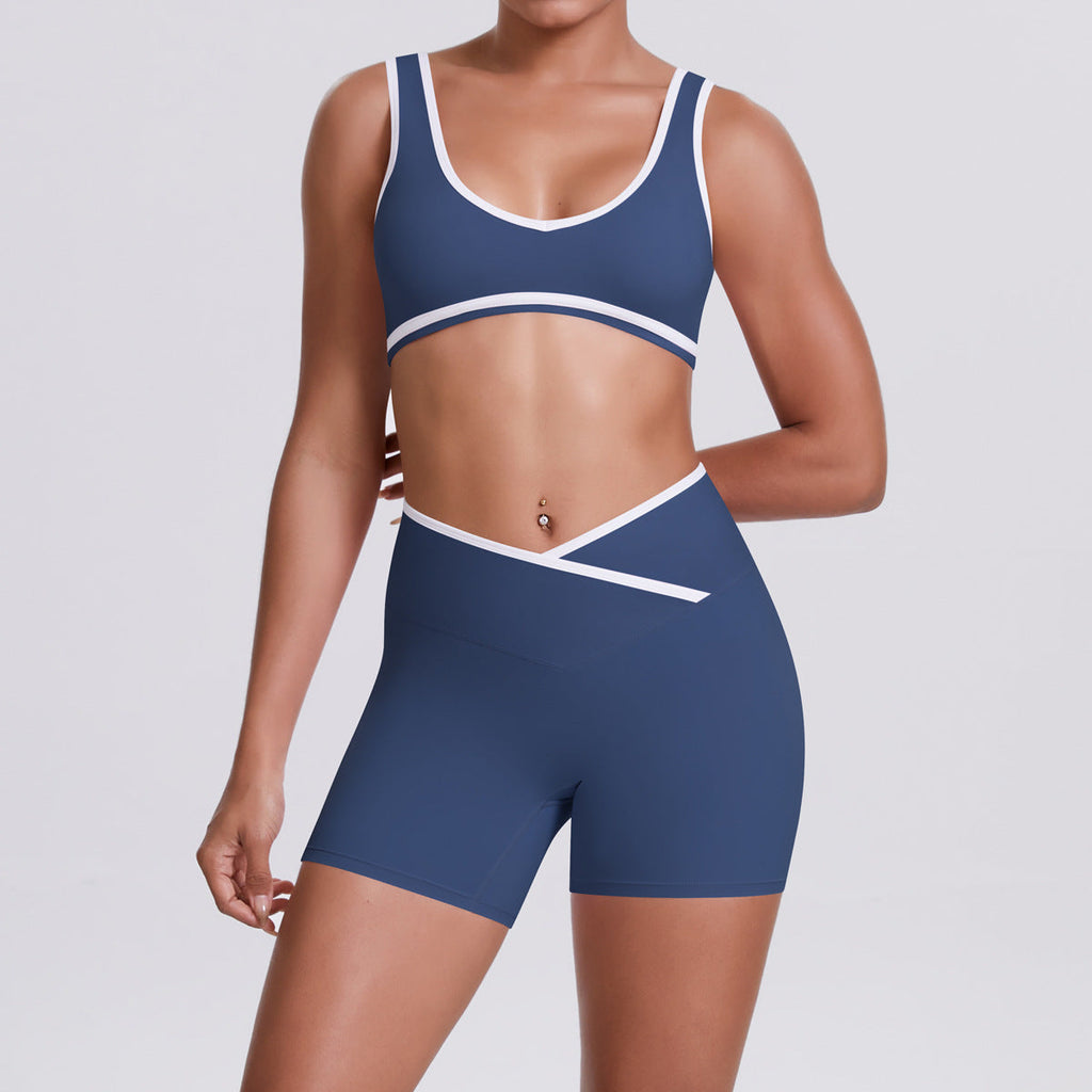 Nude Feel Contrast Color Sports Bra Skinny Yoga Pants Cross High Waist Bodybuilding Shorts Yoga Women