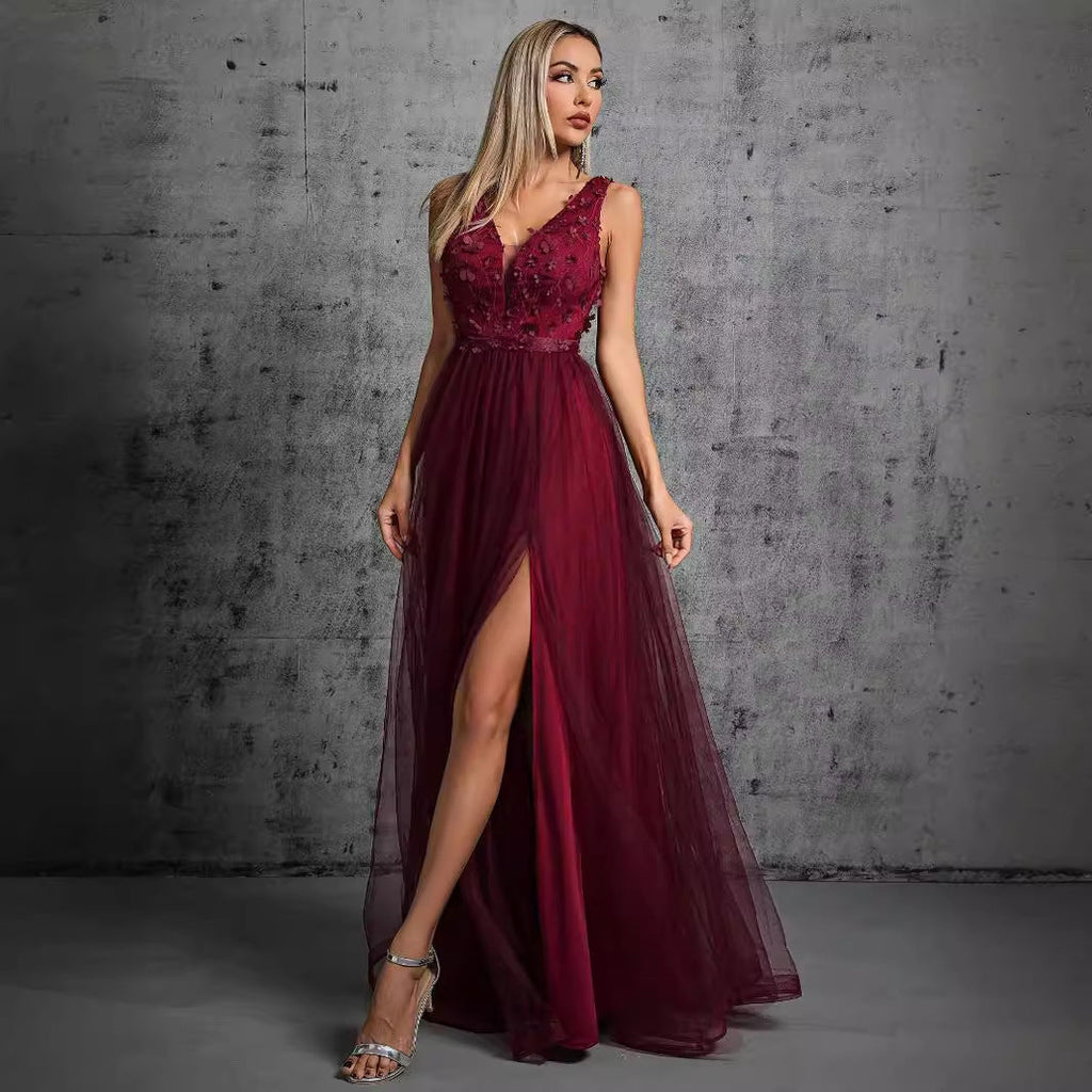 Women Evening Dress Women Chiffon Double V neck Dress Sleeveless A line Large Hem Sequin Stitching Summer