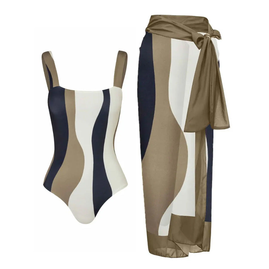 One Piece Bikini Swimsuit Women Conservative Sunscreen Gauze Skirt Seaside Vacation Spring Bathing Suit Suit