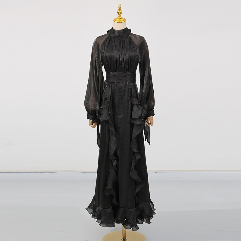 French Elegant Socialite Fairy Dress Summer Stand up Collar Puff Sleeve Pleated Waist Tight Dress Women