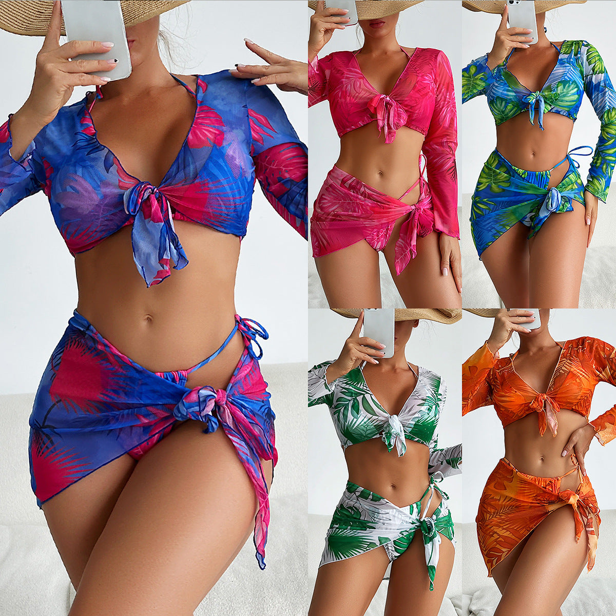Swimsuit Women Split Four Piece Long Sleeve Internet Celebrity Printed Lace up Bikini Swimsuit
