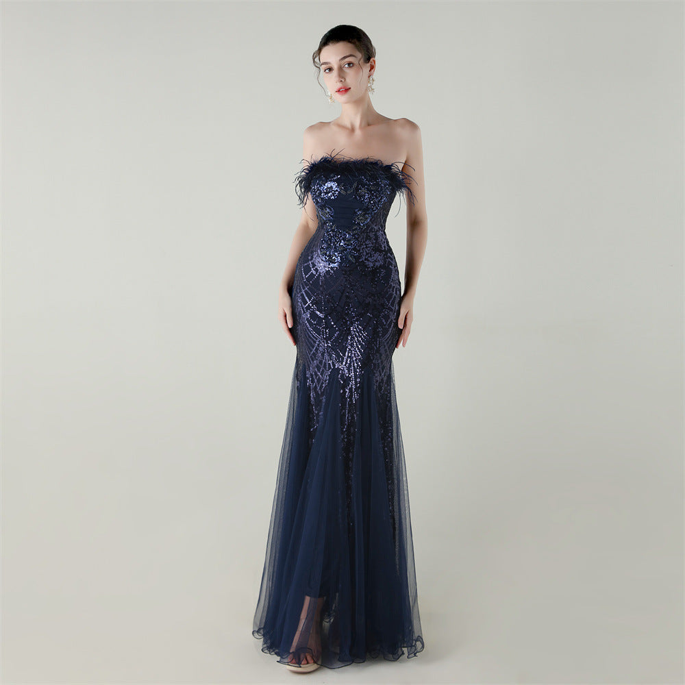 Sequin Beaded Tube Floral Ostrich Feather Tube Top Cross Strap Mesh Fishtail Evening Dress Cocktail Wedding