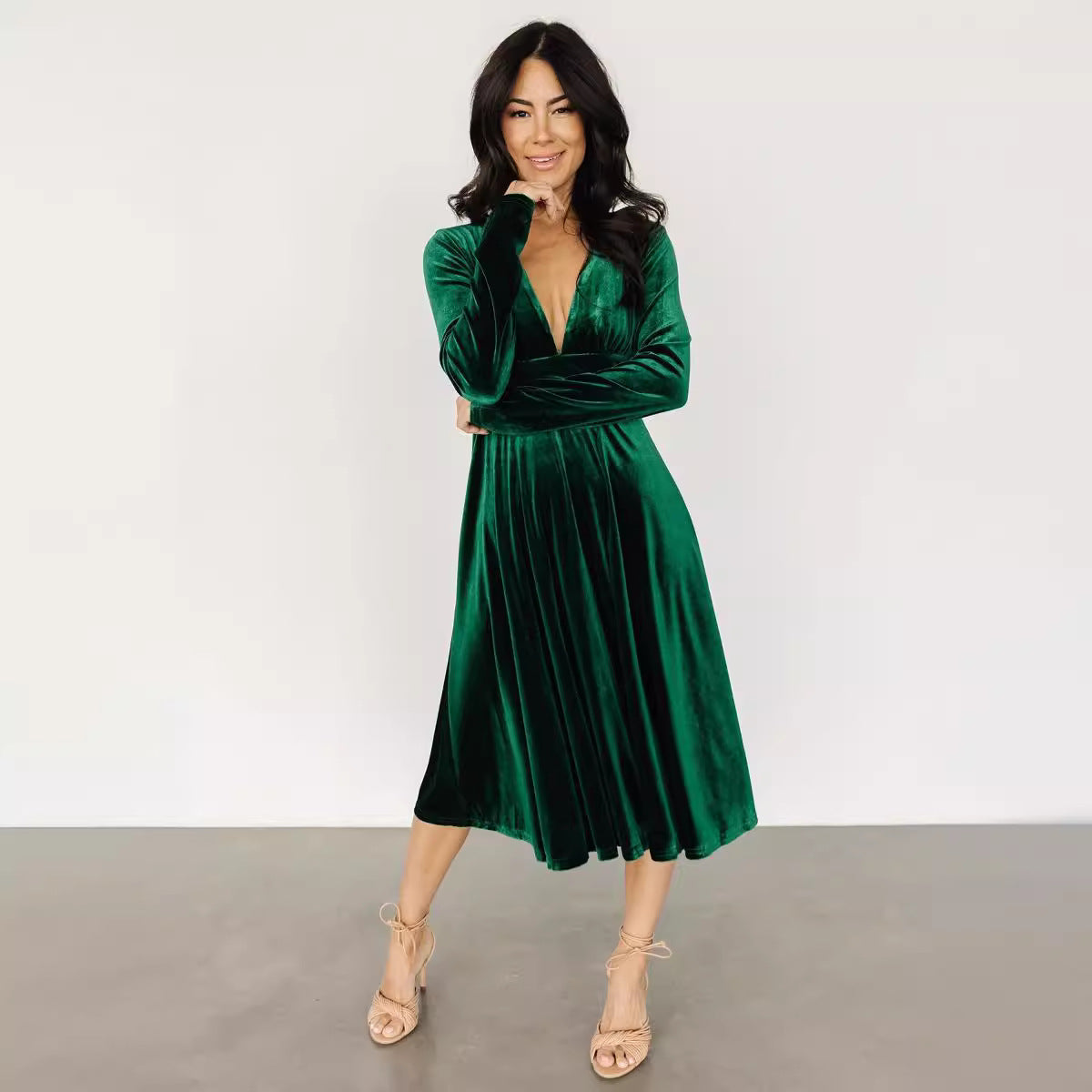 Dress Gold Velvet Sexy V neck Waist Controlled Long Sleeves Large Swing Dress