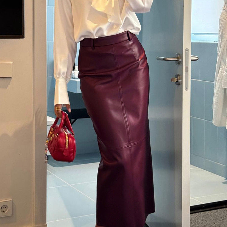 Women Clothing High Waist Split Skirt Women Faux Leather Wine Red Long Sheath Skirt