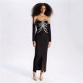 Heavy Industry Beads Rhinestone off-Shoulder Bandage One Piece Dress Party Dinner Tube Top Split Dress