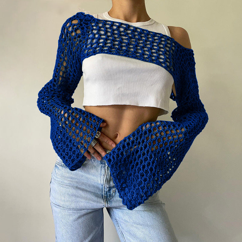 Sexy Hollow Out Cutout Sweater Solid Color round Neck Long Sleeve Knitted Blouse Crochet hook
